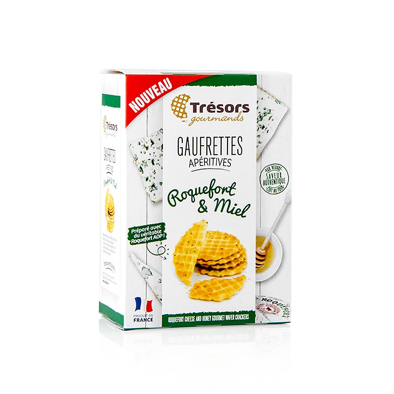 Barsnack Trésors - Gaufrettes, franz Mini-Waffeln mit Roquefort Käse & Honig, 60 g - leckere Mini-Waffeln, perfekt zum Belegen mit Käsecreme, Antipasti, Schinken, Wurstwaren und eingelegtem Fisch oder zum Dippen