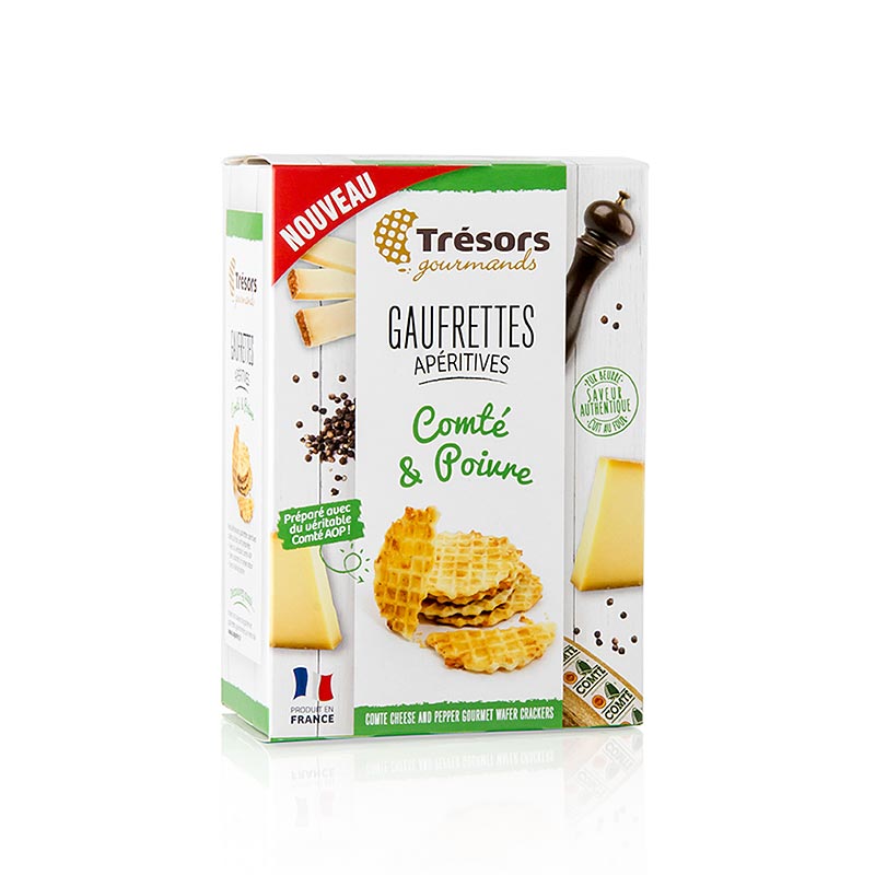 Barsnack Trésors - Gaufrettes, franz Mini-Waffeln mit Comte Käse & Pfeffer, 60 g: Leckere Mini-Waffeln, perfekt zum Belegen mit Käsecreme, Antipasti, Schinken, Wurstwaren oder eingelegtem Fisch, auch ideal für Dips
