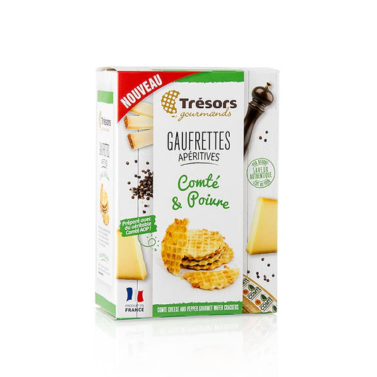 Barsnack Trésors - Gaufrettes, franz Mini-Waffeln mit Comte Käse & Pfeffer, 60 g: Leckere Mini-Waffeln, perfekt zum Belegen mit Käsecreme, Antipasti, Schinken, Wurstwaren oder eingelegtem Fisch, auch ideal für Dips
