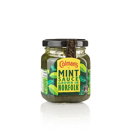 Englische Minzsoße von Colmans, hergestellt aus fein geschnittenen Minze-Blättern, ideal zu gebratenem Lamm und Lammkoteletts