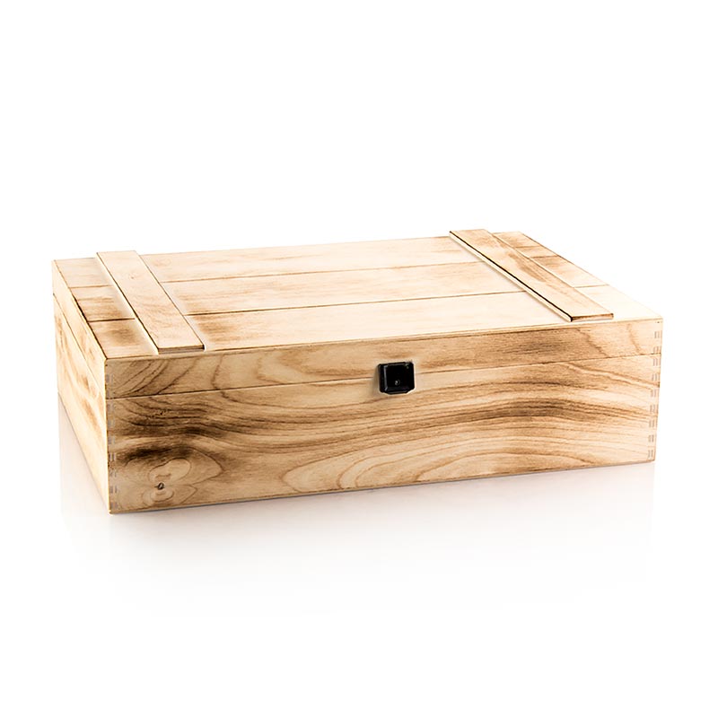 Weinpräsentkarton Holzkiste geflämmt, 3er Präsentkarton, 370x258x98mm, hochwertiges Holz mit ansprechender Flämmung, sichere Verpackung für den Transport von Wein als Geschenk geeignet