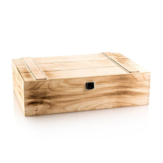 Weinpräsentkarton Holzkiste geflämmt, 3er Präsentkarton, 370x258x98mm, hochwertiges Holz mit ansprechender Flämmung, sichere Verpackung für den Transport von Wein als Geschenk geeignet