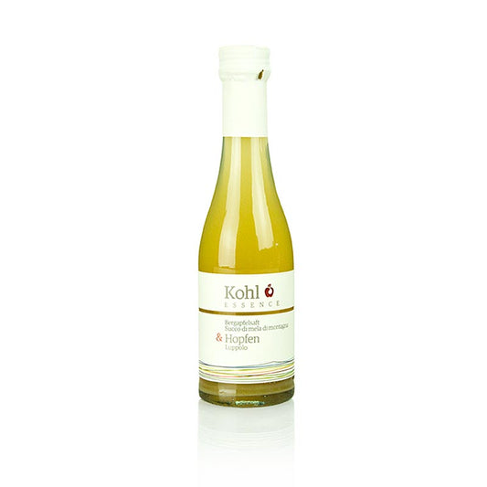 Der intensiv strohgelbe Bergapfelsaft mit Hopfen, der würzig-herbe Aromen kontrastiert mit der Süße des Apfelsafts, zeigt Festigkeit und Fülle am Gaumen und hat einen langen Abgang Ideal zu würzigen, scharfen, gegrillten Gerichten, Pizza, kräftigen Käsesorten und Süßspeisen aus Kaffee