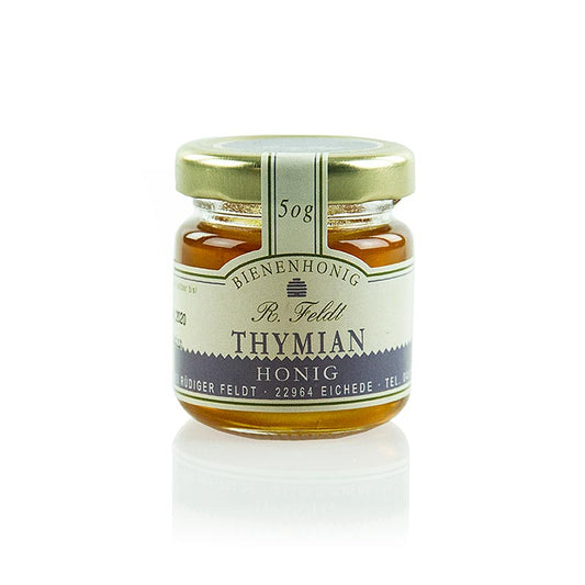 Miel de thym de l'apiculture Feldt, aux notes herbacées, très aromatique, pot de 50 g