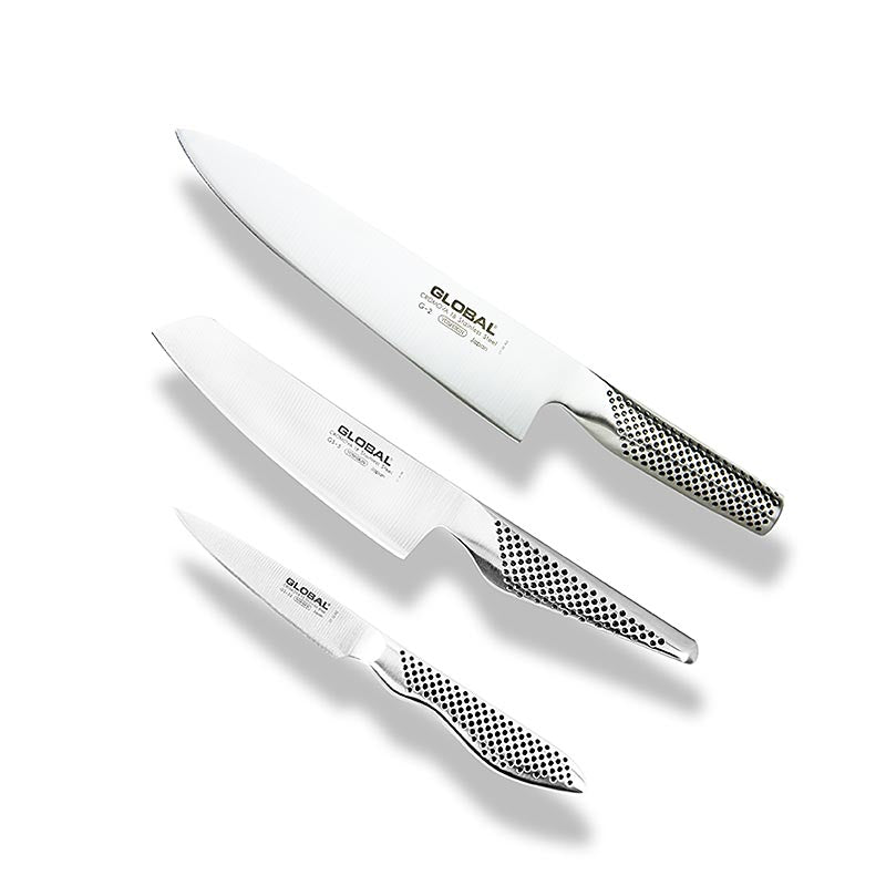 Professionelles 3-teiliges Messerset G-2538 von GLOBAL mit den Modellen G-2, GS-5 und GS-38, aus hochwertigem Material