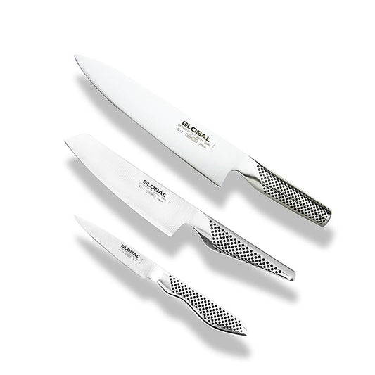 Professionelles 3-teiliges Messerset G-2538 von GLOBAL mit den Modellen G-2, GS-5 und GS-38, aus hochwertigem Material
