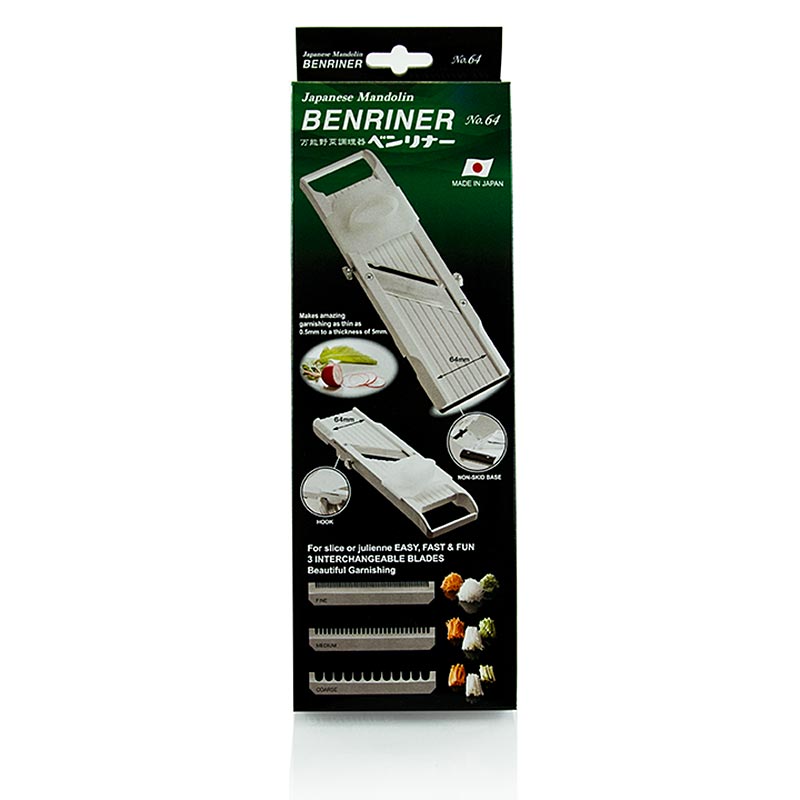 Gemüsehobel, Benriner Cutter BN-64/W, mit 3 Juliennemessern in verschiedenen Größen Stufenlos verstellbare Schnittstärke von 0,5 bis 5mm Inklusive Fingerschutz/Gleitaufsatz