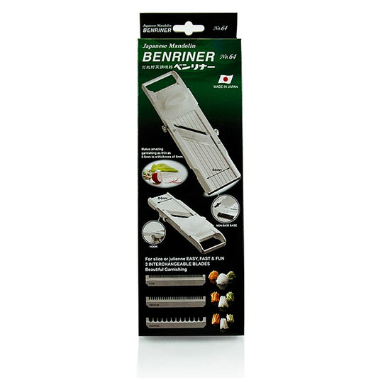 Gemüsehobel, Benriner Cutter BN-64/W, mit 3 Juliennemessern in verschiedenen Größen Stufenlos verstellbare Schnittstärke von 0,5 bis 5mm Inklusive Fingerschutz/Gleitaufsatz