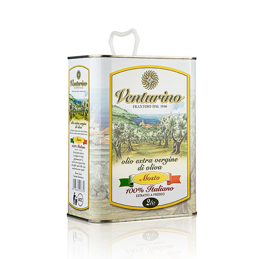 Natives Olivenöl Extra, Venturino Mosto, 100% Italiano Oliven, 2 l - Ungefiltertes, mildes und ausgewogenes Olivenöl aus Italien, das die mediterrane Küche unterstützt Anbaugebiet in der Nähe der ligurischen Küste bei Taggia