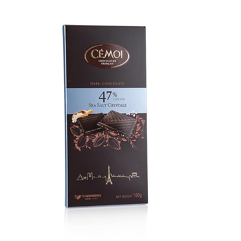 Schokoladen Tafel Zartbitter 47% Kakao, mit Fleur de Sel, 100g, Cémoi, 100 g - high-quality dark chocolate bar with 47% cocoa and Fleur de Sel, 100g