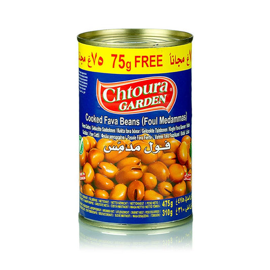 Gegarte Foul Medammas - Fava Bohnen in 475 g Dose von Chtoura Garden Traditionelles arabische Gericht aus eingeweichten und gewürzten Bohnen mit Knoblauch, Salz, Cumin, Olivenöl, Petersilie und Zitronensaft Wird mit Fladenbrot, Schafskäse, Eiern, Gurken und Tomaten serviert