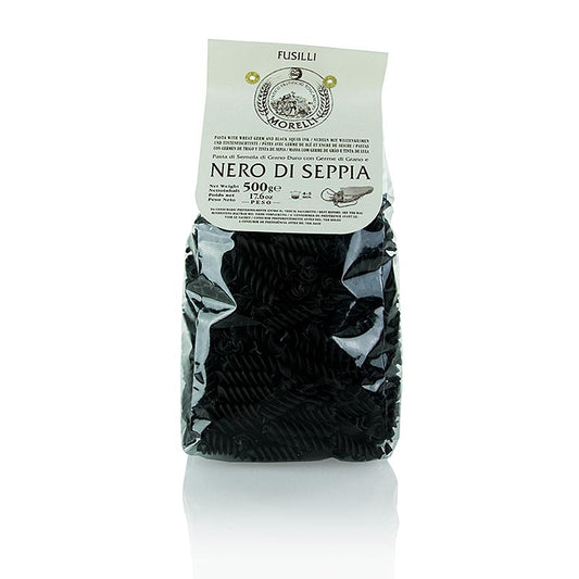 Getrocknete schwarze Morelli 1860 Fusilli mit Sepia-Tintenfischfarbe, traditionelle italienische Nudeln