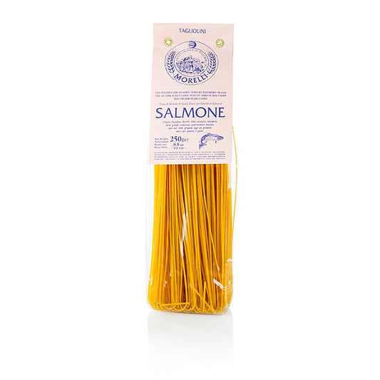 Handgerollte Morelli 1860 Tagliolini Salmone Pasta mit Lachs und Weizenkeimen, 250 g, original italienische Nudeln aus San Romano (Pisa) ohne Konservierungs- und Farbstoffe, handwerklich hergestellt und 36 Stunden lang getrocknet