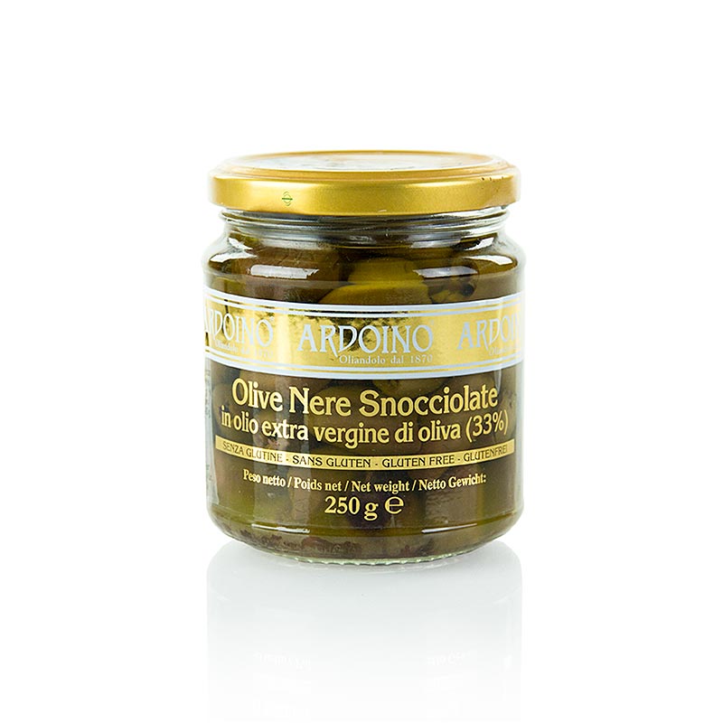 Schwarze entkernte ligurische Oliven in nativem Olivenöl extra eingelegt, ideal für Antipasti und Salate