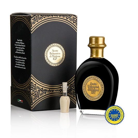 Alt text in English: 250 ml Black Box of Aceto Balsamico di Modena ggA from Juniper Wood Barrel