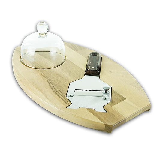 Set regalo affetta tartufi, cloche, coperchio in vetro su tavola di legno, incl. affetta tartufi, 3 pezzi.