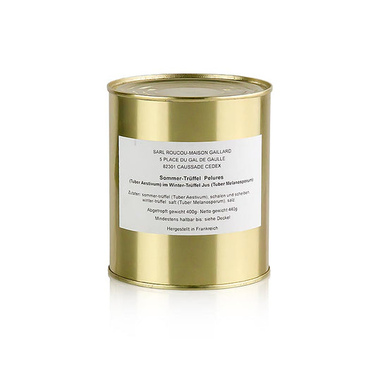 Sommertrüffel Pelures, Trüffelschalen/-scheiben, im Wintertrüffelsaft, Gaillard, 440 g - Zum Aromatisieren von Saucen geeignet, Trüffelstücke in Olivenöl angedünstet