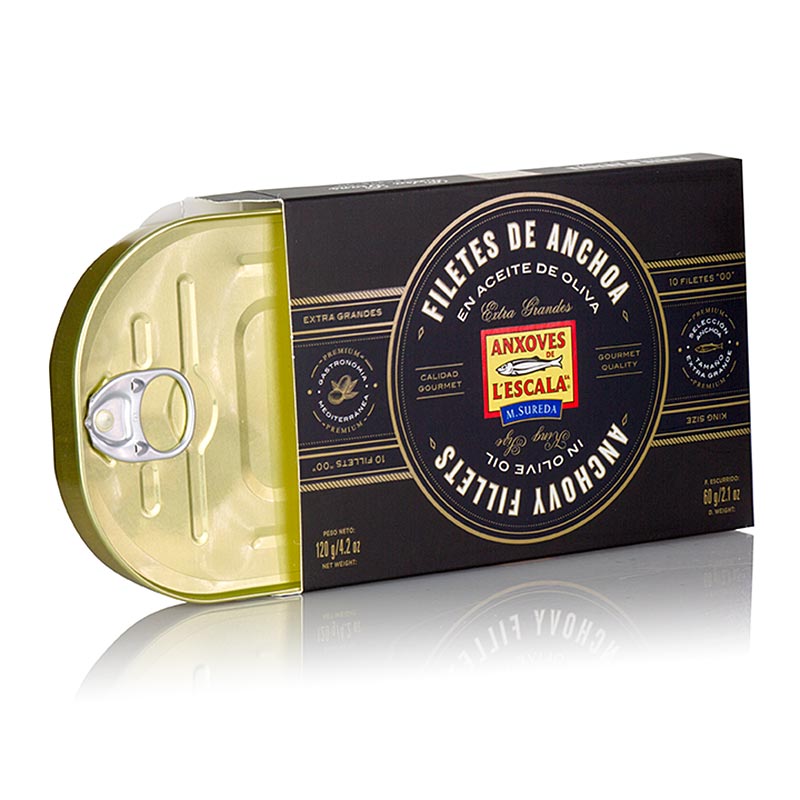 Sardellenfilets Premium Qualität, in Olivenöl, King Size, L´Escala, 120 g: Exklusive Sardellenfilets aus L'Escala, Spanien, in luxuriösem Olivenöl, 120-Gramm-Dose, perfekt für mediterrane Aromen