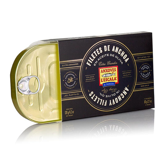 Sardellenfilets Premium Qualität, in Olivenöl, King Size, L´Escala, 120 g: Exklusive Sardellenfilets aus L'Escala, Spanien, in luxuriösem Olivenöl, 120-Gramm-Dose, perfekt für mediterrane Aromen