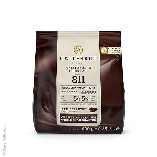 Zartbitterschokolade Callets, 54,5% Kakao, 400 g - Perfekt portionierbar, geeignet zum Schmelzen, Überziehen, Füllen und Dekorieren, hergestellt aus Zucker, Kakaobutter, Kakaomasse, Sojalecithin und Bourbon Vanille