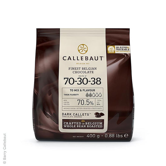 Zartbitterschokolade Callets, 70,5% Kakao, Select-Serie von Callebaut, ideal zum Aromatisieren, dickflüssige Konsistenz beim Schmelzen, gut ausgewogene Bitternoten