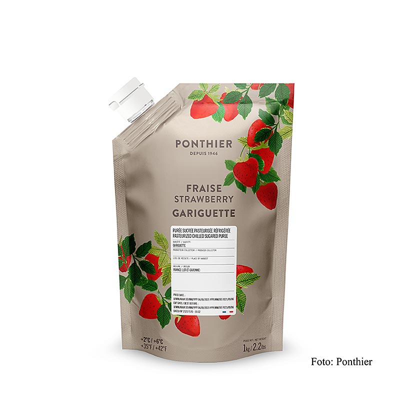 Erdbeerpüree aus Gariguette-Erdbeeren mit Zucker, 1 kg-Packung, ideal für Desserts, Cocktails und Smoothies, für Hobby- und Profiköche geeignet