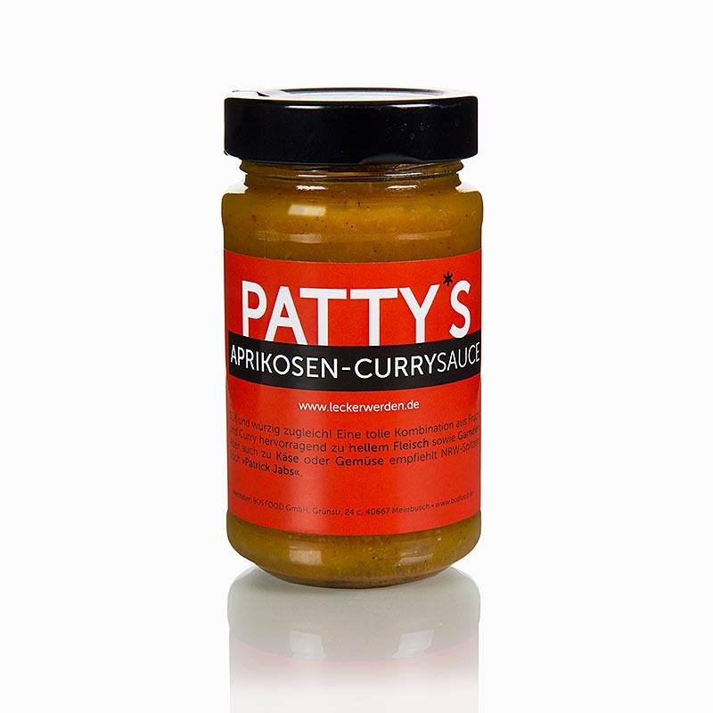 Pattys Aprikosen-Currysauce, kreiert von Patrick Jabs, 225 ml - Süße und würzige Frucht-Curry-Kombination, ideal für helles Fleisch, Garnelen, Käse und Gemüse Empfohlen von NRW-Spitzenkoch Patrick Jabs
