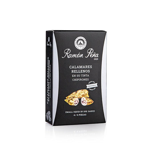 Tintenfischchen in Tinte, RAMON PEÑA SILVER, 110 g - köstliche Konserven mit mediterranem Aroma und feiner Textur, perfekt als Vorspeise oder Zutat für Salate, Fischgerichte und Risotto