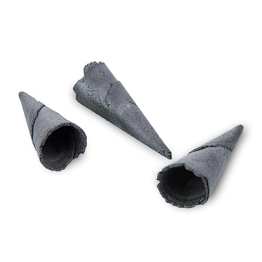 Schwarze Mini-Croissants mit einem Durchmesser von 2,5 cm und einer Länge von 7,5 cm, verpackt in einer Schachtel mit 260 Stück und einem Gesamtgewicht von 988 Gramm, perfekt für elegante Frühstücke oder herzhafte Snacks, mit praktischem Waffelhalter zur einfachen Servierung
