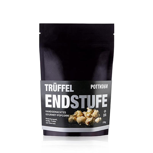 Ein Bild von Pottkorn - Trüffel Endstufe, Popcorn mit weißem Trüffel & Meersalz, 150 g, das den exklusiven Hauch von Trüffel und Sylter Meersalz zeigt, perfekt für anspruchsvolle Gourmets