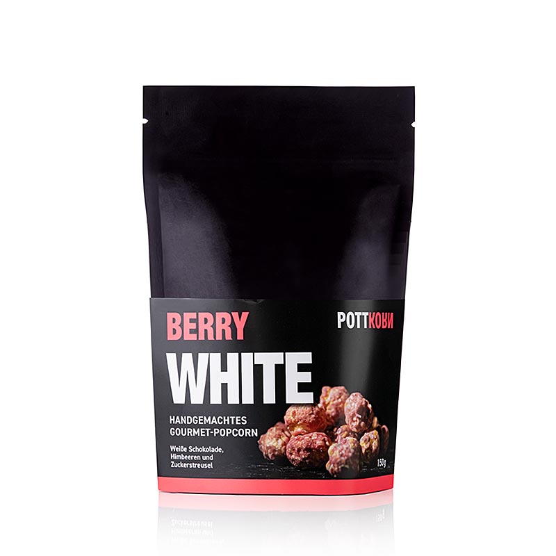 Schmackhaftes Pottkorn - Berry White, 150 g, Popcorn mit weißer Schokolade, Himbeeren und bunten Zuckerstreuseln, eine sinnliche Kombination aus fruchtigen Himbeernoten und süßer belgischer Schokolade, ein Genuss wie auf rosa Wolken