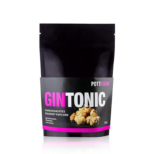 150 g Packung Pottkorn GinTonic Popcorn mit Butterkaramell, Wacholder & Limette, perfekt für Gin-Liebhaber, knuspriges Popcorn mit Limetten-Zesten und Wacholder-Beeren, ideal für den Sommer