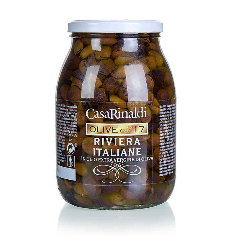 Schwarze Oliven in Olivenöl von Casa Rinaldi mit Lorbeerblatt eingelegt, noch bissfest und ideal für bittere Salate