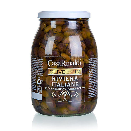 Schwarze Oliven in Olivenöl von Casa Rinaldi mit Lorbeerblatt eingelegt, noch bissfest und ideal für bittere Salate
