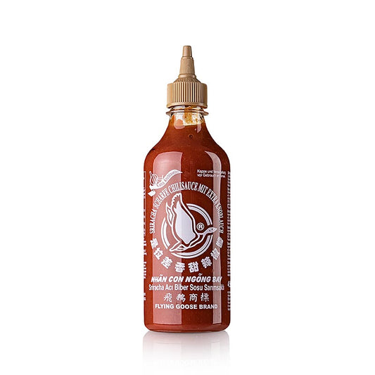 Sauce chili - Sriracha, piquante, avec ail, bouteille squeeze, Flying Goose, 455 ml