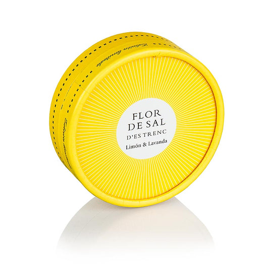 Bild zeigt Flor de Sal d´es Trenc - Limone & Lavendel, aus Mallorca, 60 g, mit Bio-Zertifizierung und MHD des AKTIONSARTIKELS bis 310124