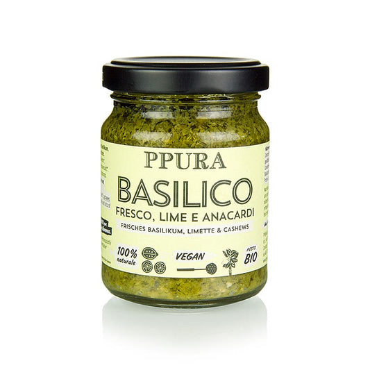 Bio Pesto Basilikum mit Limette und Cashewkernen, ideal für Pasta und Grillgemüse