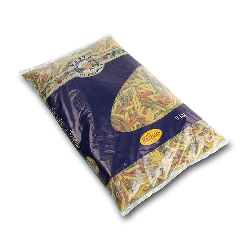 Bild der handwerklich hergestellten Pasta di Peppino all' uovo Penne im Kleinformat, dreifarbig und ideal für Hobbyköche und professionelle Köche geeignet, in einer 3 kg-Packung für größere Anlässe oder einen großen Vorrat zu Hause
