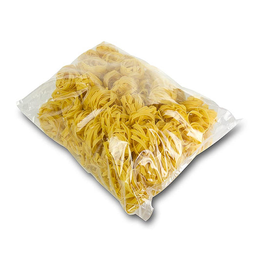 Handwerklich hergestellte Eiernudeln aus Italien, Tagliatelle, gelb, 3 kg Behälter Geeignet für klassische Nudelgerichte wie Tagliatelle alfredo oder Bolognese Hergestellt aus Hartweizengrieß und frischen Eiern, Kochzeit 4-5 Minuten Ideal für Catering und Gastgewerbe oder für den echten Pasta-Liebhaber zu Hause