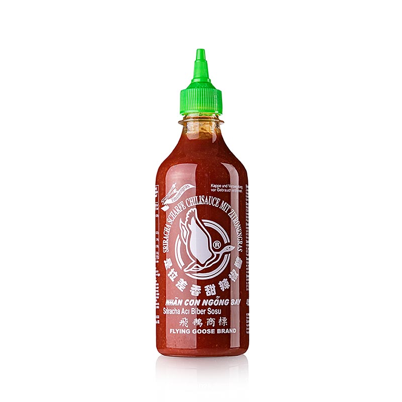 Sriracha Chili-Sauce mit normalem Schärfegrad (ca 3000 Scoville) und leichtem Knoblauchgeschmack, in einer 730 ml Squeeze-Flasche von Flying Goose