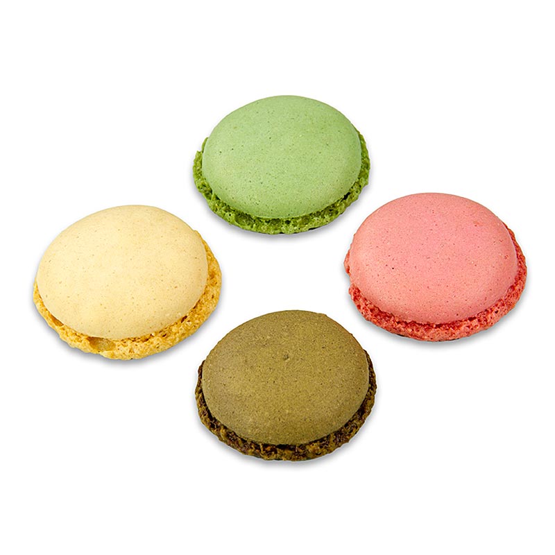Macarons Mischung 1 (je 96 x Pistazie, Schoko, Natur, Himbeer), caØ3,5cm, 921 g, 384 St - Bild eines klassisch französischen Mandel-Baisers zum Selbstfüllen, mit Pistazie, Schoko, Natur und Himbeer Geschmack
