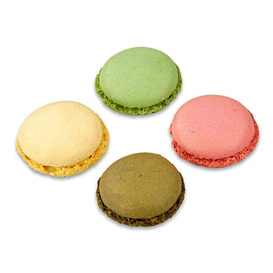 Macarons Mischung 1 (je 96 x Pistazie, Schoko, Natur, Himbeer), caØ3,5cm, 921 g, 384 St - Bild eines klassisch französischen Mandel-Baisers zum Selbstfüllen, mit Pistazie, Schoko, Natur und Himbeer Geschmack