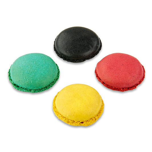 Macarons Mischung 2 - Eine Auswahl von 384 klassisch französischen Mandel-Baiser, je 96 Stück in den Geschmacksrichtungen Schwarz, Cassis, Zitrone und Türkis, mit einem Durchmesser von ca Ø3,5cm und einem Gesamtgewicht von 921 g, ideal zum Selbstfüllen