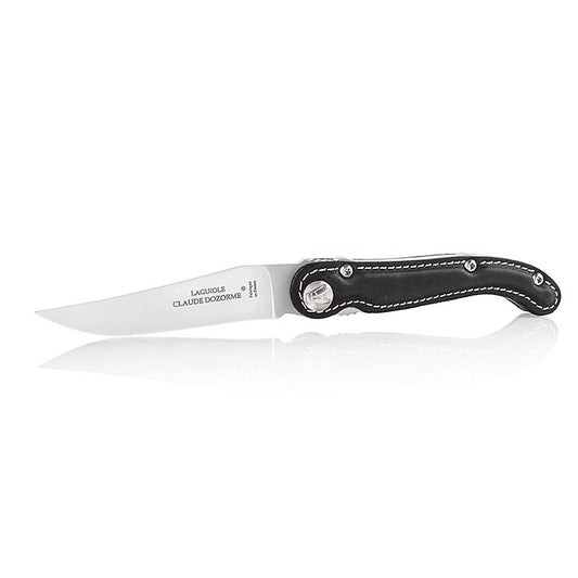 Taschenmesser mit schwarzem Ledergriff und Laguiole, robuste Klinge aus Kohlenstoffstahl