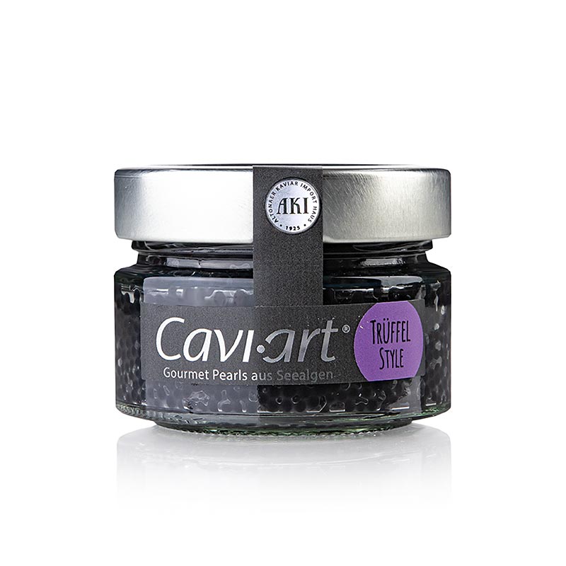 Veganer Algen-Kaviar von Cavi-Art® mit Trüffelgeschmack, vielseitig einsetzbar in warmen und kalten Speisen, behält auch bei hoher Erwärmung und längerer Zubereitungszeit seine appetitliche Farbe und Konsistenz, ideal für die anspruchsvolle Küche