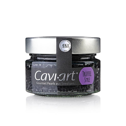 Veganer Algen-Kaviar von Cavi-Art® mit Trüffelgeschmack, vielseitig einsetzbar in warmen und kalten Speisen, behält auch bei hoher Erwärmung und längerer Zubereitungszeit seine appetitliche Farbe und Konsistenz, ideal für die anspruchsvolle Küche