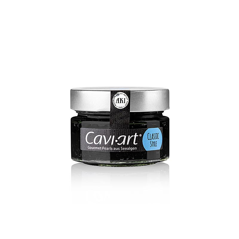 Schwarzer veganer Algen-Kaviar von Cavi-Art®, vielseitig in warmen und kalten Speisen einsetzbar, hitzebeständig und farbecht, mit hervorragend dichter Konsistenz, klarer Farbe und köstlich frischem, knackigem Geschmack - ein Gaumenschmaus