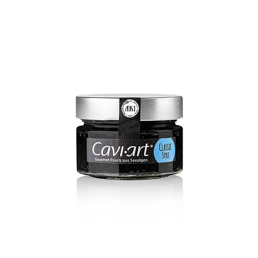 Schwarzer veganer Algen-Kaviar von Cavi-Art®, vielseitig in warmen und kalten Speisen einsetzbar, hitzebeständig und farbecht, mit hervorragend dichter Konsistenz, klarer Farbe und köstlich frischem, knackigem Geschmack - ein Gaumenschmaus