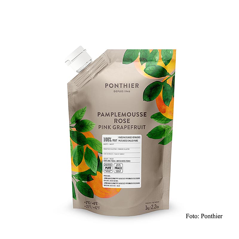 1 kg Packung ungezuckertes Püree aus 100% Frucht der Rosa Grapefruit, fruchtig-frisch und mit knackigen Fruchtstücken, ideal zum Verfeinern von Speisen