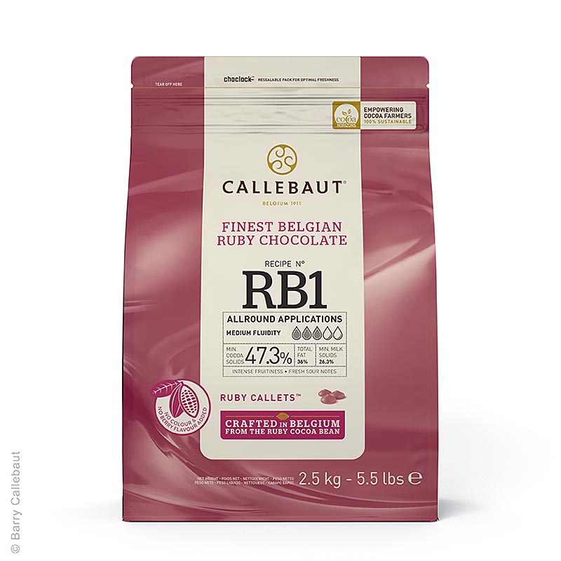 2,5 kg Beutel Callebaut Ruby - Rosa Schokolade Callets Couverture mit 47,3% Kakao, ideal für Desserts und Pralinenherstellung
